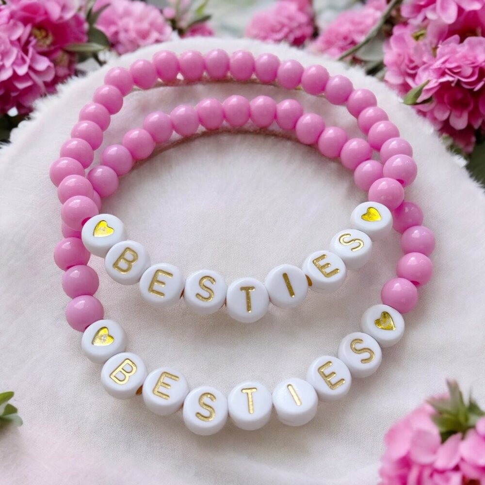 HANDMADE Pink and White and Gold BESTIES Best Friends BFF Friendship Bracelets